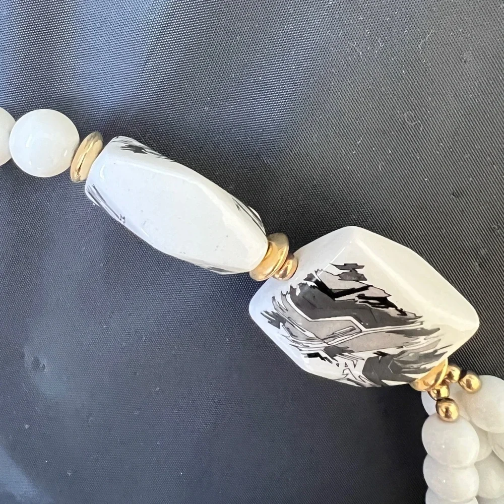 Vintage Japan 3-Strand White Bead and Hand-Painted Ceramic tiles Necklace Signed